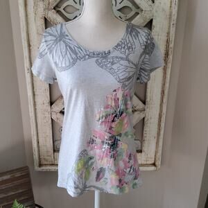 Style & Co Women's Short Sleeve Floral Graphic T-Shirt Tee Top Gray Pink Sequins